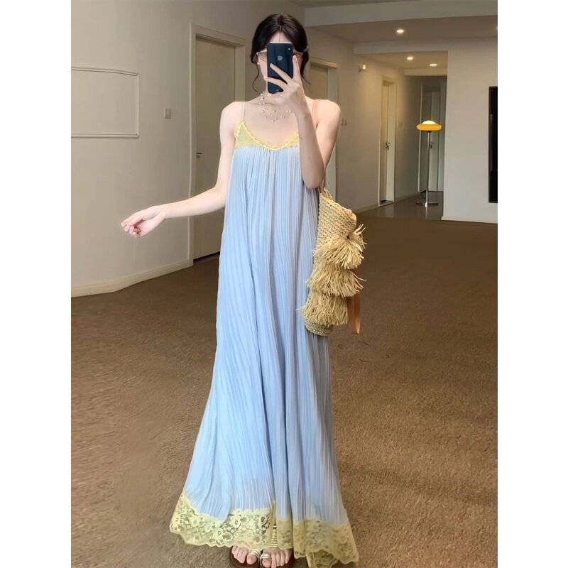 ins绝美海岛度假风复古蕾丝吊带连衣裙300斤胖MM褶皱设计超仙长裙