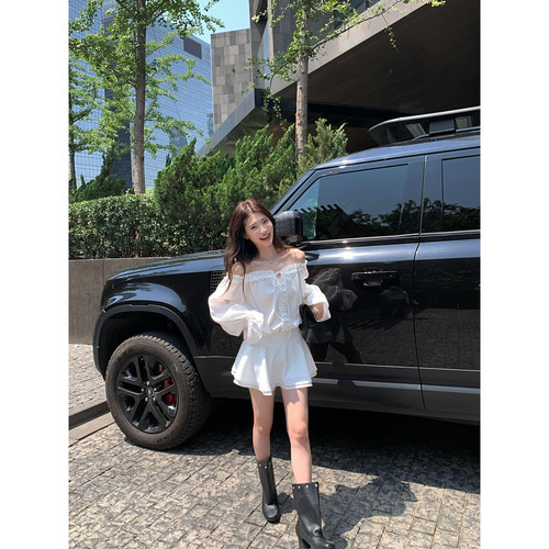 辰米范 美神降临 滤镜仙女短裙设计感一字肩连衣裙收腰茶歇小白裙 - 图3