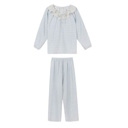 馨帮帮Homedress 甜美碎花格子睡衣女春秋款娃娃领外穿家居服套装 - 图3