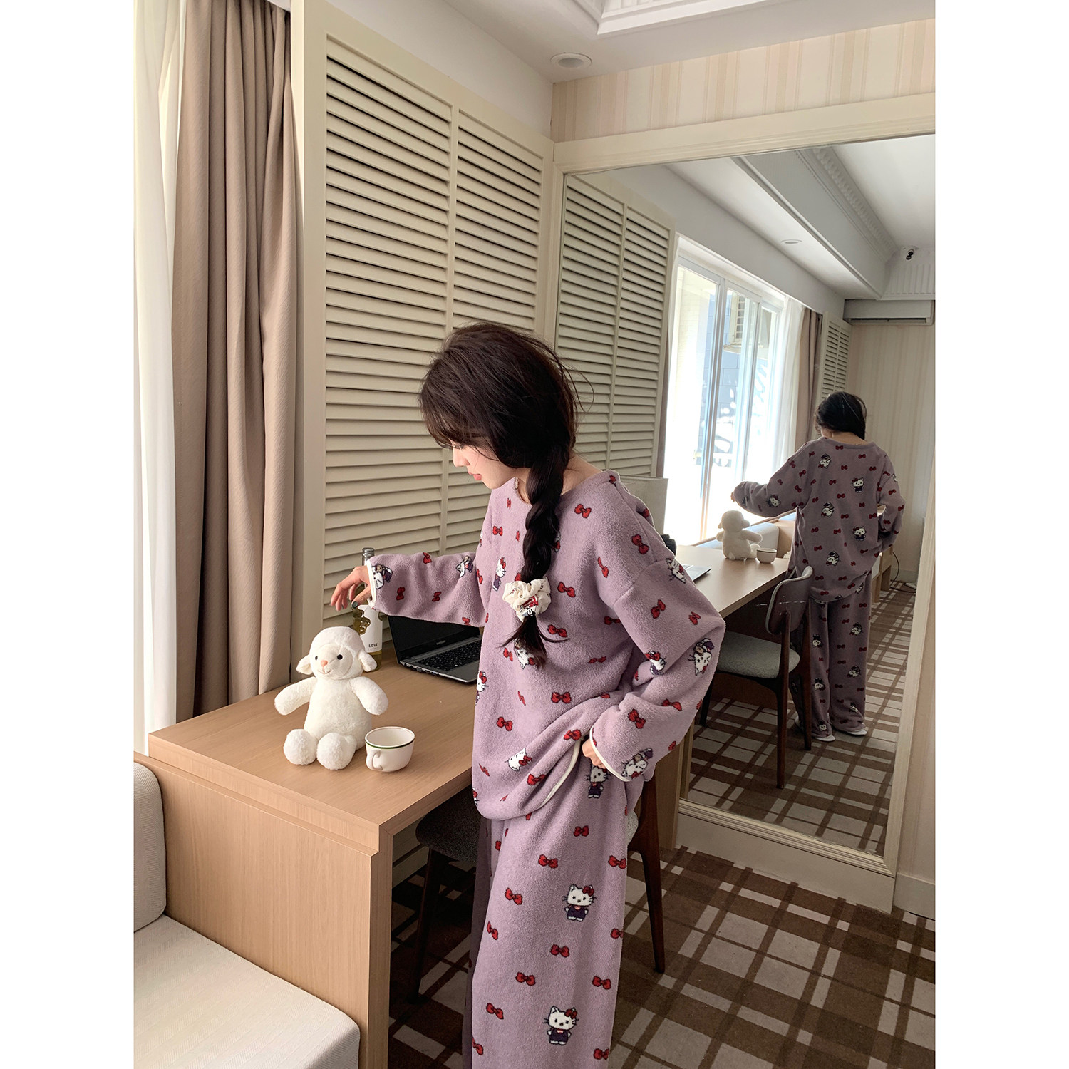 馨帮帮撞色蝴蝶结卡通猫睡衣女冬季新款毛绒绒亲肤保暖家居服套装,淘宝优惠券,粉丝福利购,淘宝优惠卷