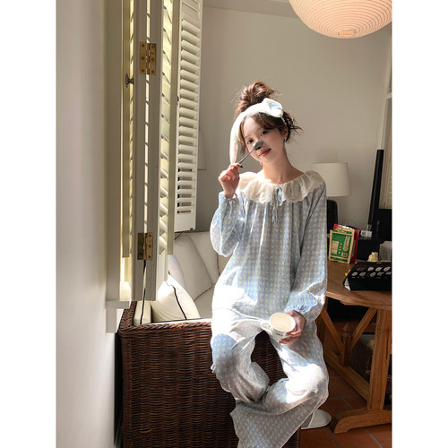 馨帮帮Homedress 甜美碎花格子睡衣女春秋款娃娃领外穿家居服套装 - 图2