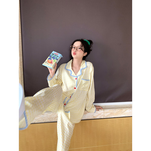 馨帮帮Homedress 撞色边格子睡衣女秋季舒适宽松可外穿家居服套装 - 图0