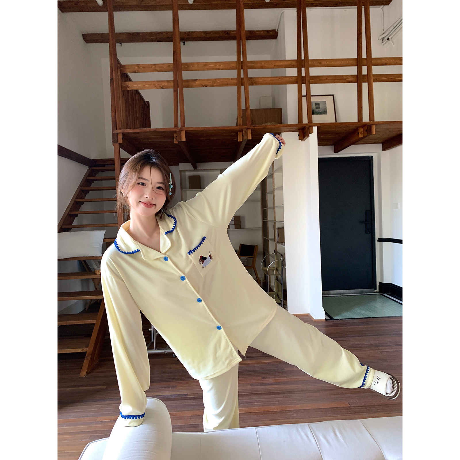 馨帮帮Homedress 可爱卡通小狗磨毛睡衣女春季撞色翻领家居服套装,淘宝优惠券,粉丝福利购,淘宝优惠卷