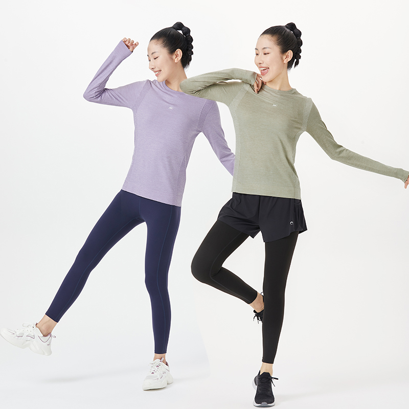JSC无缝一体长袖t恤女上衣撞色提花蓄热瑜伽服运动专业晨跑健身服 - 图3