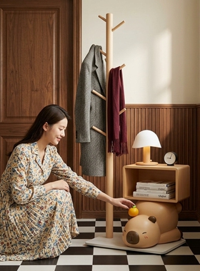 创意猴子实木落地衣帽架摆件