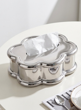 银色不锈钢轻奢花型纸巾盒摆件