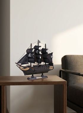 复古木质三桅帆船模型摆件
