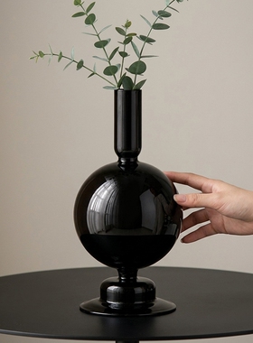 现代简约黑色陶瓷球形花瓶摆件