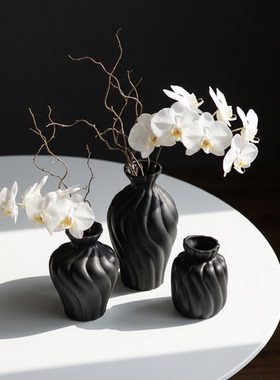 复古黑陶瓷花瓶客厅摆件三件套
