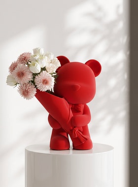 红色小熊花瓶创意家居摆件