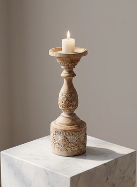 美拉德风木质雕花欧式烛台摆件