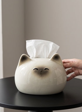 陶瓷猫咪造型纸巾盒摆件收纳