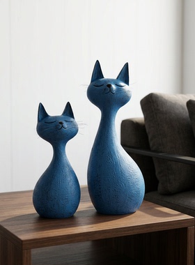 蓝色陶瓷猫咪摆件家居装饰
