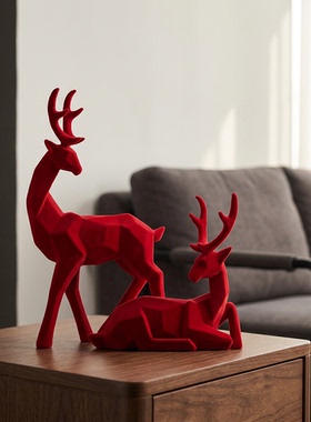 圣诞风红色几何小鹿装饰摆件