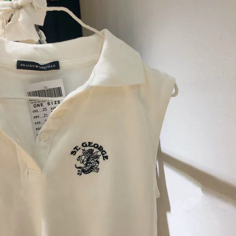 Brandy Girl美式复古ST.George龙图案刺绣无袖T恤bm背心polo领女