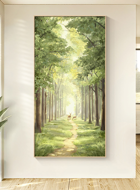网红原木风进门玄级关装饰画走廊道挂画过北风绿色风景高感欧厅客