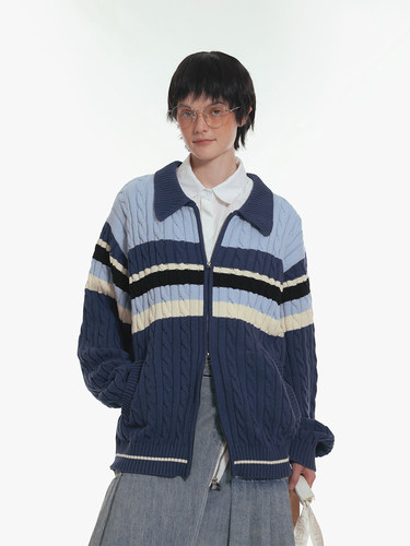 Unvesno (UN)麻花毛线条纹双头拉链开衫重磅保暖厚毛衣针织衫外套 - 图0