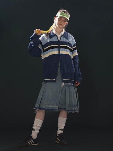 Unvesno (UN)麻花毛线条纹双头拉链开衫重磅保暖厚毛衣针织衫外套 - 图2