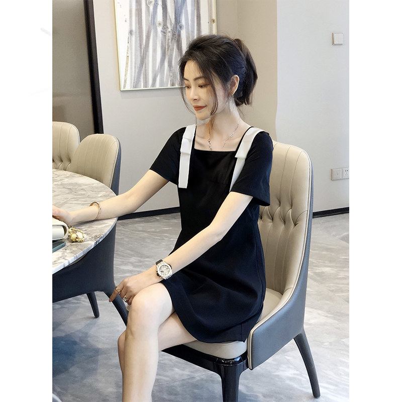 法式黑色方领连衣裙气质雪纺裙子 崇妍连衣裙