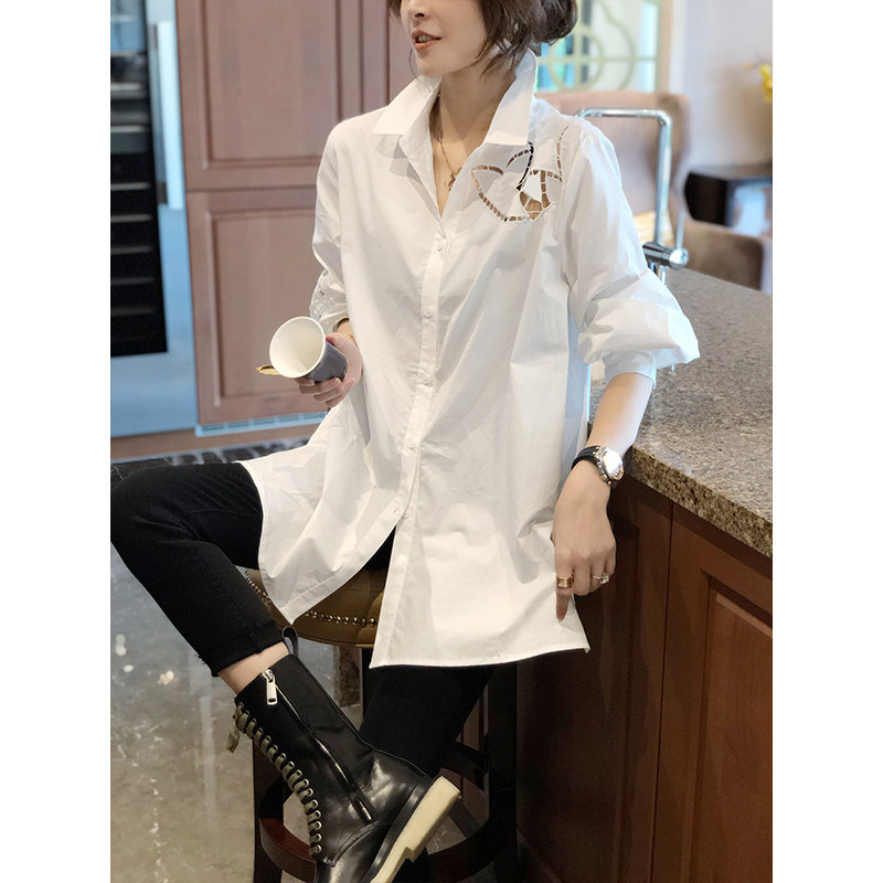 白色女中长款洋气宽松韩版纯棉衬衫 崇妍衬衫