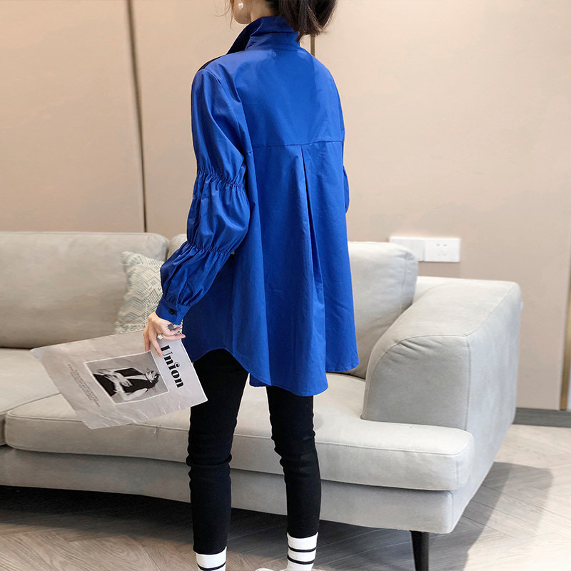 克莱因蓝设计感条纹拼接中长款衬衫 崇妍衬衫