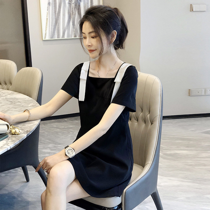 法式黑色方领连衣裙气质雪纺裙子 崇妍连衣裙