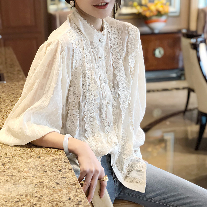 白色气质女洋气宽松设计感蕾丝衬衫 崇妍衬衫