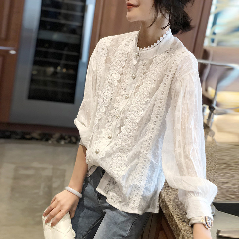 白色气质女洋气宽松设计感蕾丝衬衫 崇妍衬衫