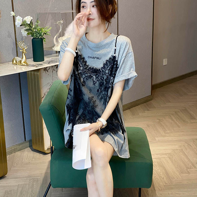 假两件拼接蕾丝短袖洋气灰色t恤衫 崇妍T恤