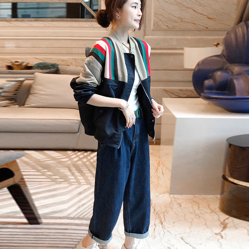 撞色条纹休闲小个子薄款拼接短外套 崇妍短外套