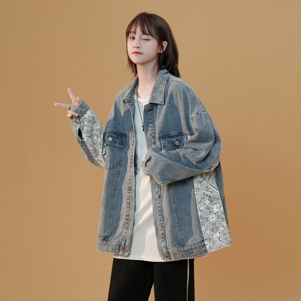 拼接牛仔外套短款2022新款宽松上衣 瑞帝驰短外套