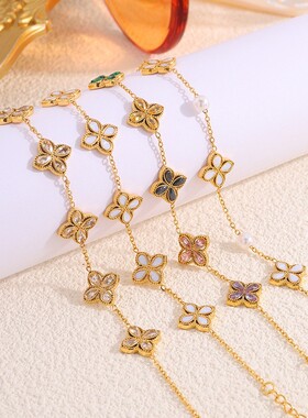 钛钢手链女 镶钻四叶草手链轻奢高级感满天星镀18k金不锈钢手链