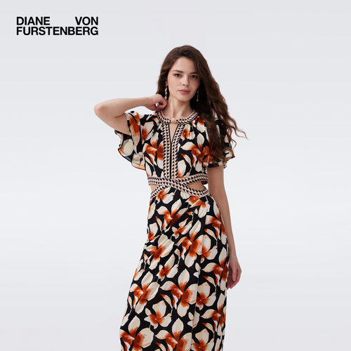 DVF2026春夏新款黑棕幻彩兰花摩登针织腰部挖剪修身连衣裙DS1U021 - 图0