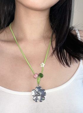 原创幸运草麂皮度假风长款项链