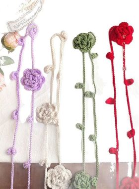 黑色玫瑰花小众手工针织细窄长条