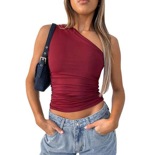 Single shoulder open back pleated vest top T-shirt for women - 图3