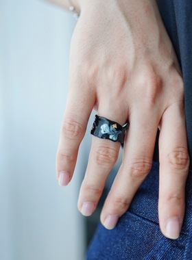 日式唐草纹黑色珐琅洒金复古戒指