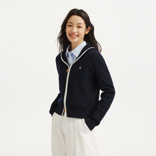 热风2026年秋季新款女士撞色连帽针织开衫温柔软糯宽松外搭 - 图2