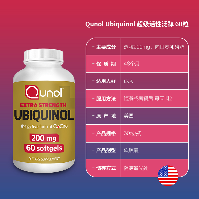 Qunol酋诺 泛醇200mg 60粒还原型CoQ10 活性辅酶胶囊心肌保健美国 - 图3