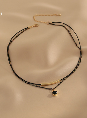 花迹黑色项链女夏设计感双层叠戴短款颈链潮冷淡风甜酷锁骨链