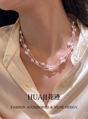 花迹白色多层叠戴项链女