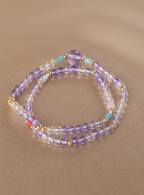 花迹紫色串珠手链女双层叠戴