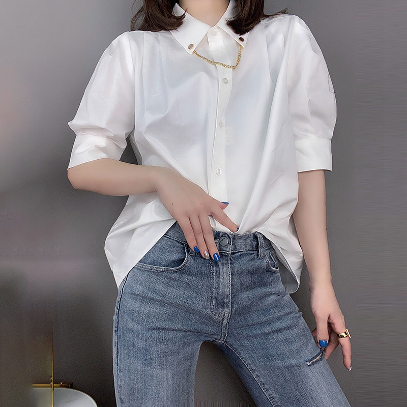 气质宽松白色五分泡泡袖欧洲站衬衫 蜜恒衬衫