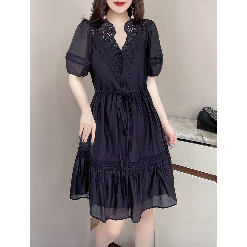 法式v领黑色收腰显瘦泡泡袖连衣裙 蜜恒连衣裙