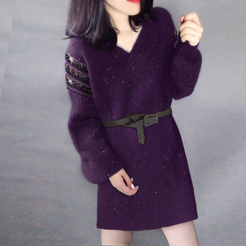 v领收腰中长款紫色气质针织连衣裙 蜜恒连衣裙