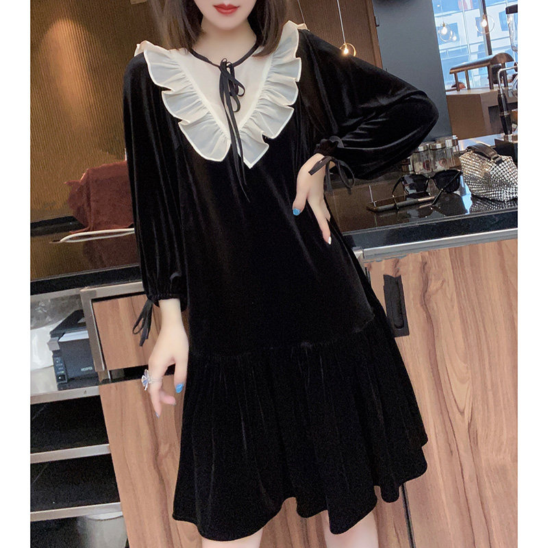 法式复古网纱拼接丝绒小黑裙连衣裙 蜜恒连衣裙
