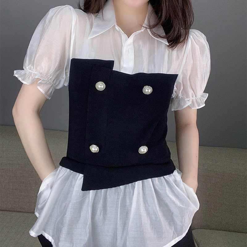 微透雪纺小衫假两件泡泡袖2020衬衫 蜜恒衬衫