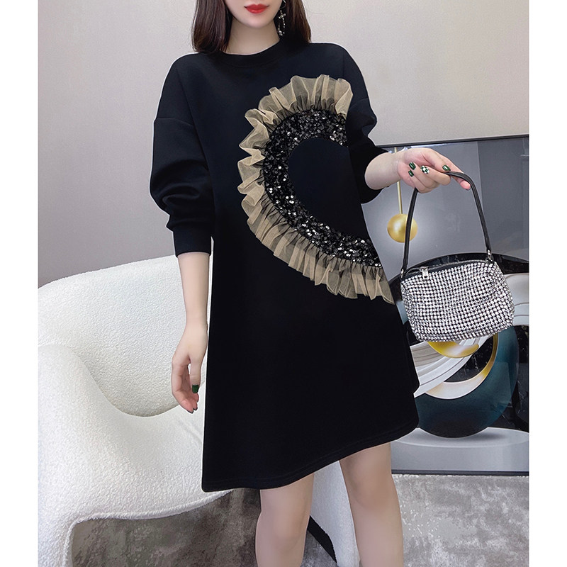 黑色气质减龄网纱拼接宽松2022卫衣 蜜恒连衣裙