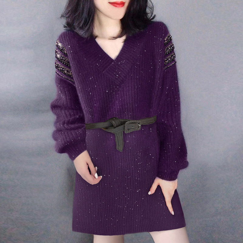 v领收腰中长款紫色气质针织连衣裙 蜜恒连衣裙