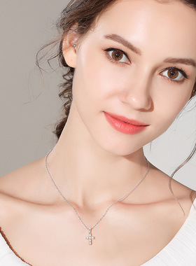 经典莫桑石吊坠S925纯银镀18k金时尚十字架锁骨项链